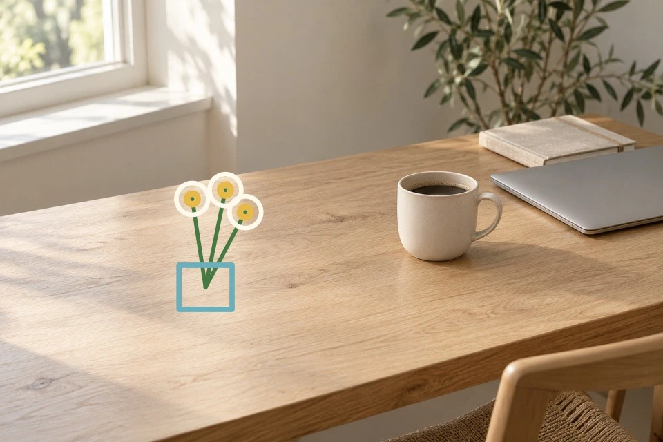 Farbige Skizze von drei Blumen und einer Vase auf der freien Eichenschreibtischplatte