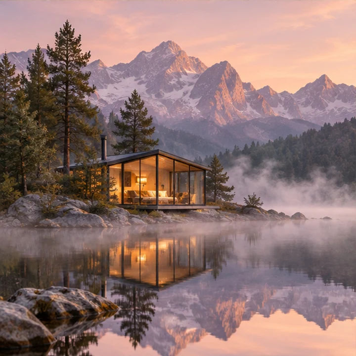 Paisaje IA de una cabaña de vidrio reflejada en un lago alpino