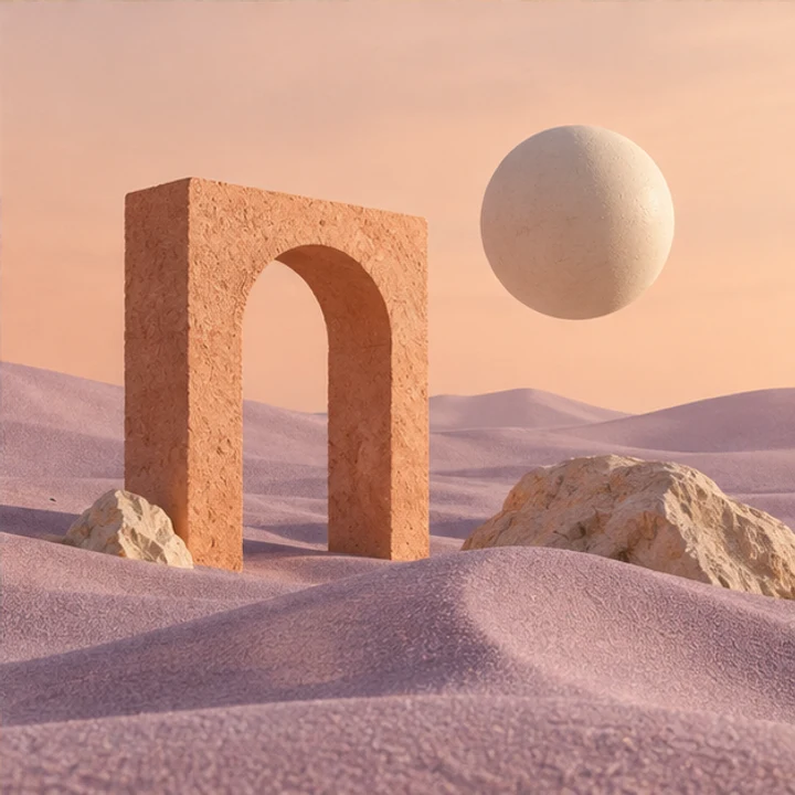 Concepto IA de un arco y una esfera flotante sobre arena lila
