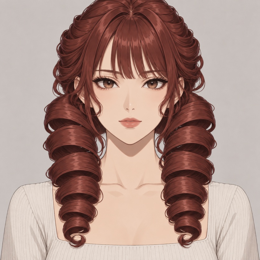 Illustration originale de style anime montrant deux grosses boucles en vrille auburn encadrant les épaules