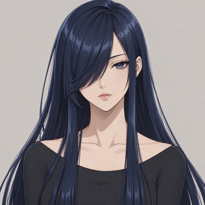 Illustration originale de style anime montrant de longs cheveux bleu nuit avec une frange latérale marquée tombant sur un œil