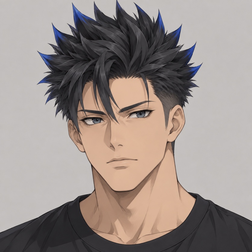 Illustration originale de style anime montrant une coupe courte noire façon shonen avec des mèches hérissées bien séparées et des pointes bleues