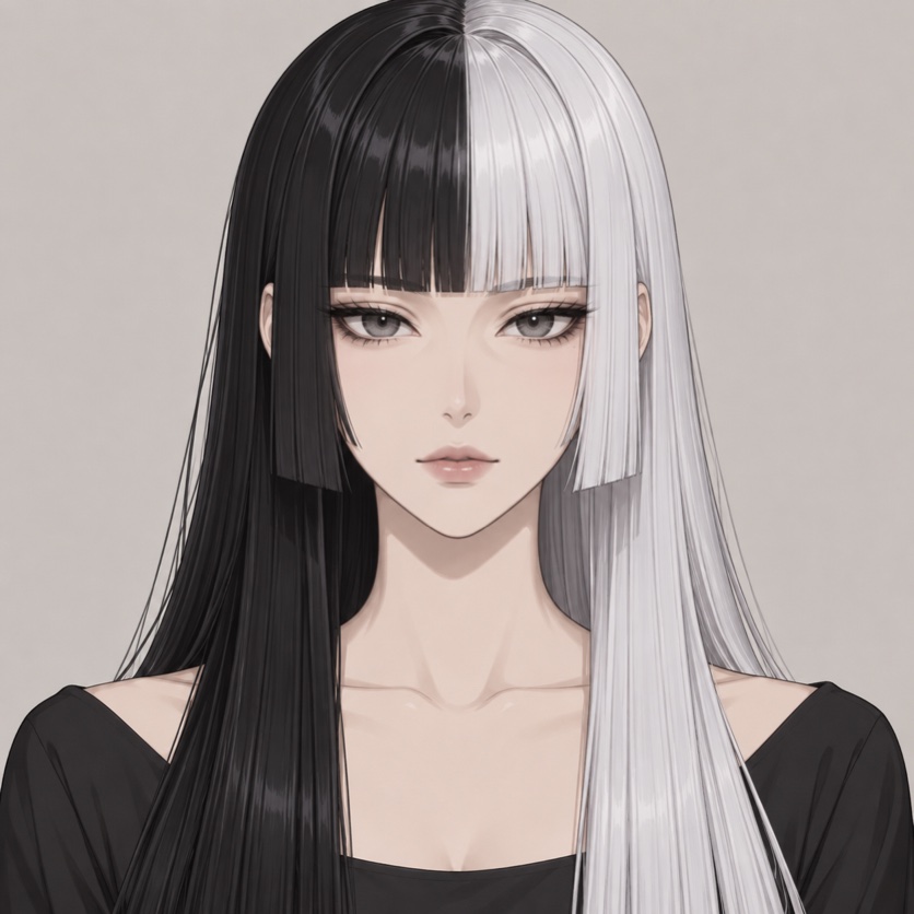 Illustration originale de style anime montrant un hime cut géométrique divisé à parts égales en deux moitiés noire et blanc argenté