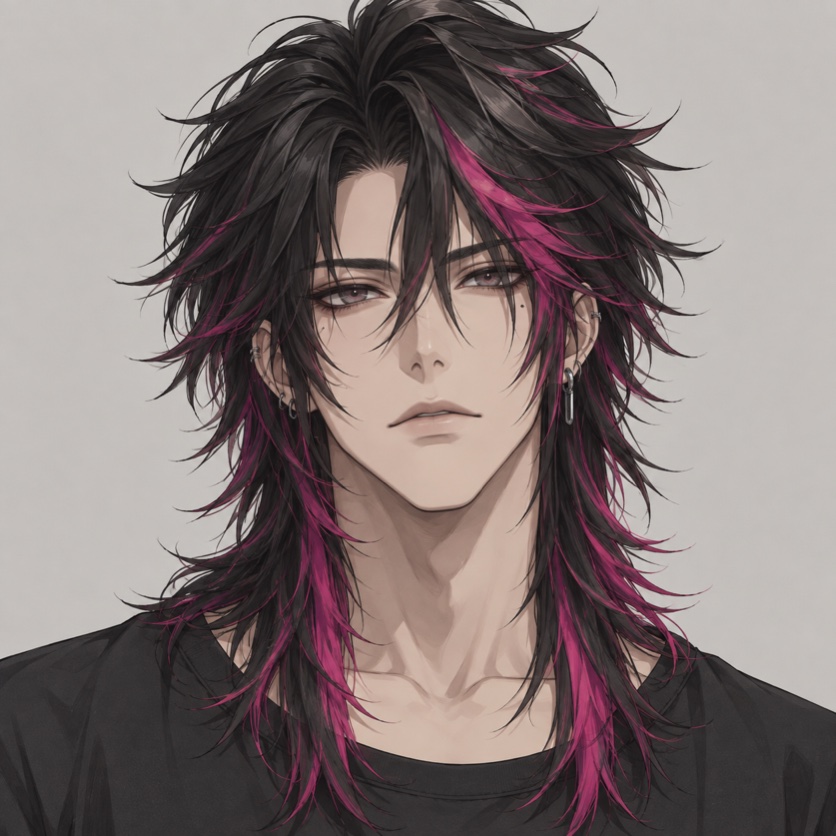 Illustration originale de style anime montrant une wolf cut noire spectaculaire de style visual-kei avec des mèches contrastées magenta