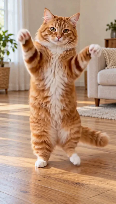An orange tabby bounces upright and lifts its front paws in a bright living room. — Opening