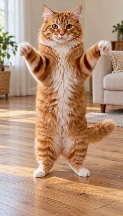 An orange tabby bounces upright and lifts its front paws in a bright living room. — In motion