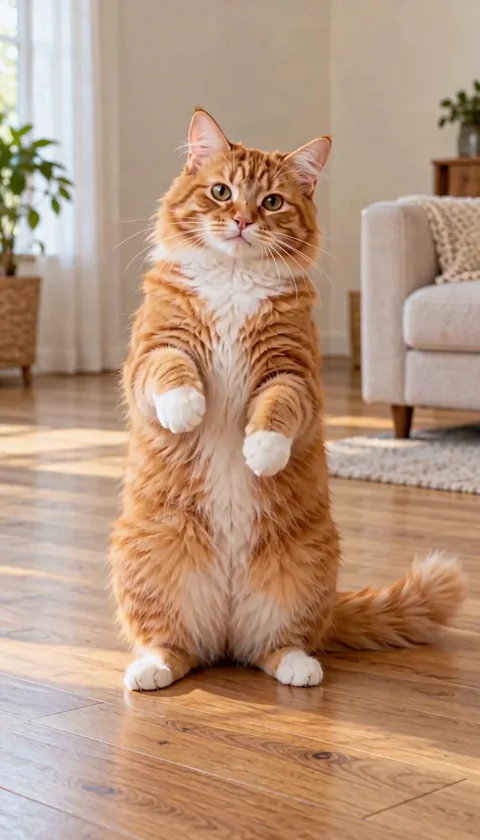 An orange tabby bounces upright and lifts its front paws in a bright living room. — Closing