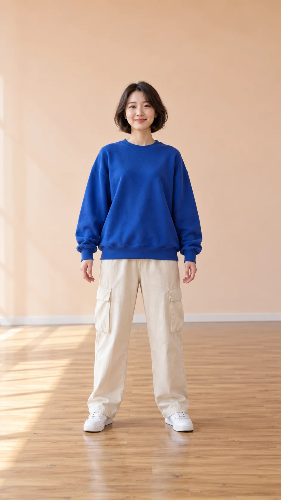 Eine erwachsene Frau in blauem Sweatshirt, cremefarbener Cargohose und weißen Sneakern in einem Studio.