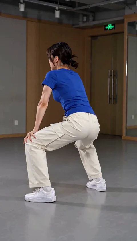 Verfolge die wiederholten Beckenimpulse und die Bewegung der Hose. Der Clip ist eine generierte Tanzinterpretation; prüfe Knie, Füße und Körperform während der ganzen Aufnahme. In diesem Ergebnis hat das Modell auch Frisur und Studio verändert. — Abschluss