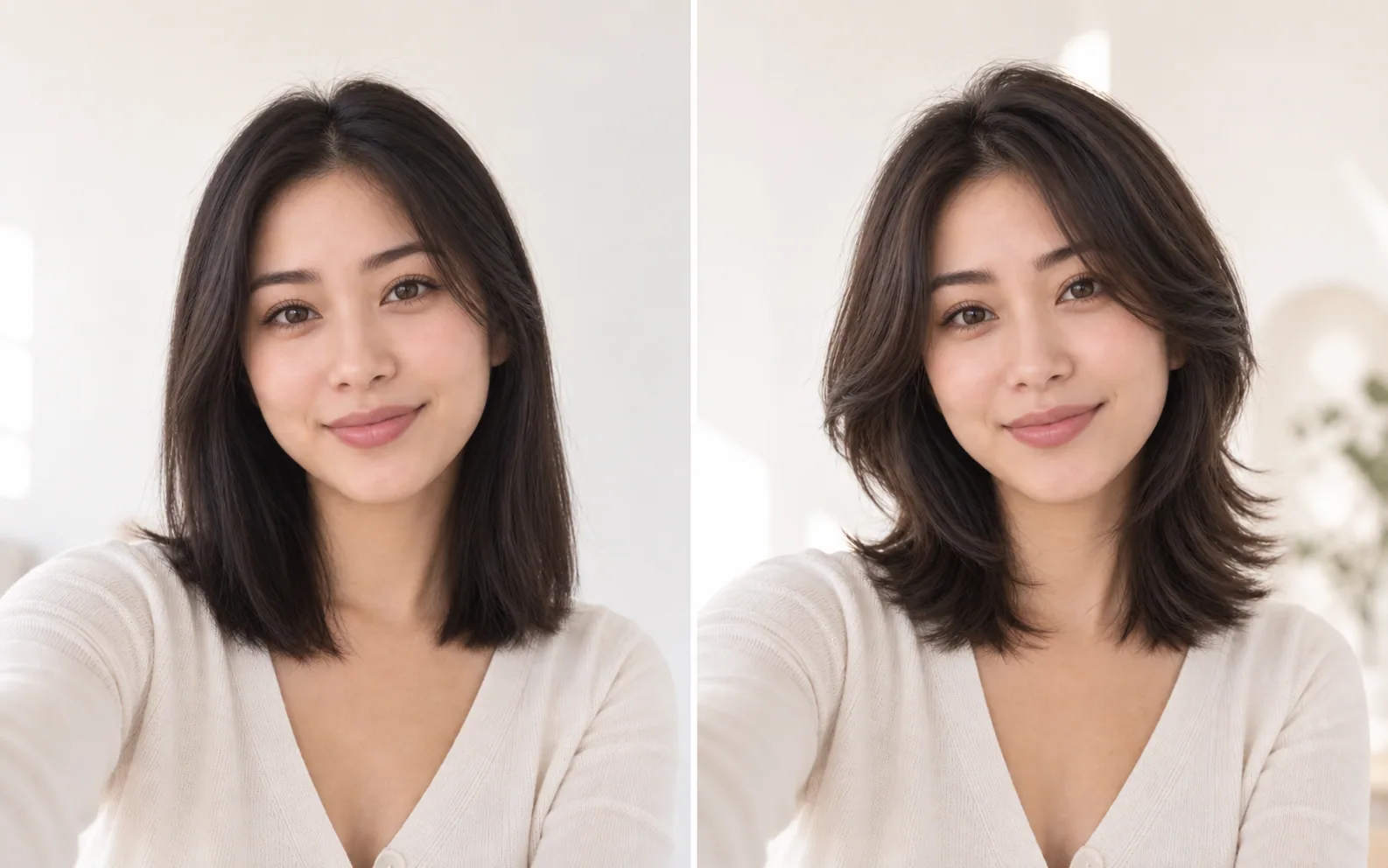 肩付近のストレートと短いレイヤーのシルエットを比較する当サイトの髪型参考例