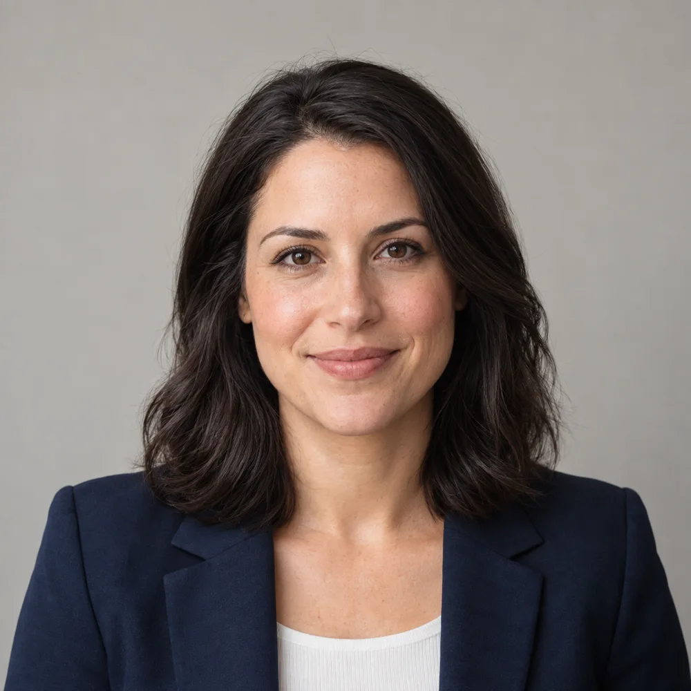 Fictional professional portrait with dark hair, navy blazer and neutral background, used to demonstrate avatar cropping