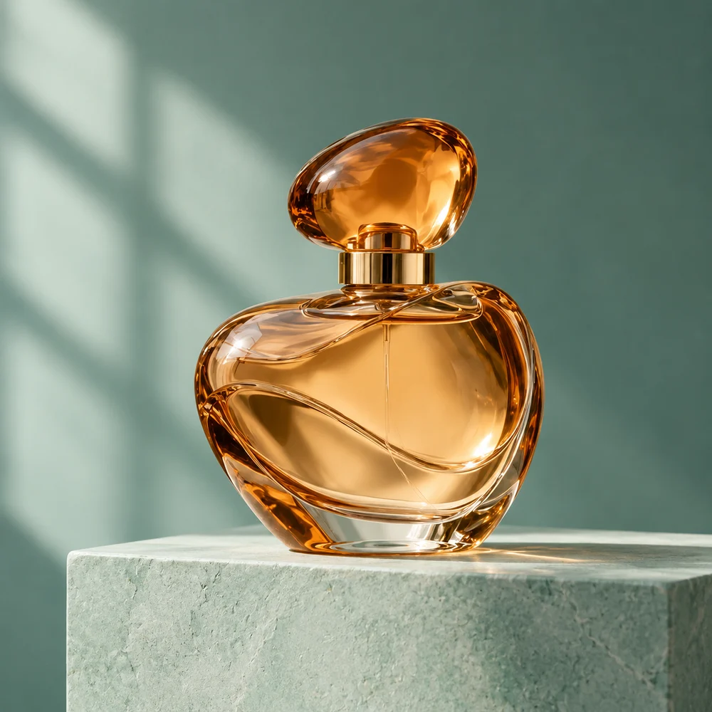 GPT Image 2.5 · Amber perfume bottle on a pale seafoam stone plinth against teal