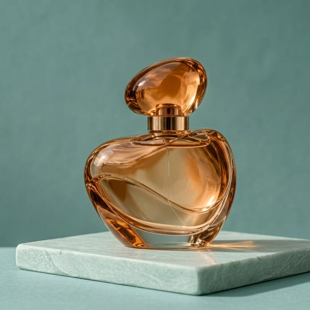 Nano Banana 2 · Amber perfume bottle on a pale seafoam stone plinth against teal