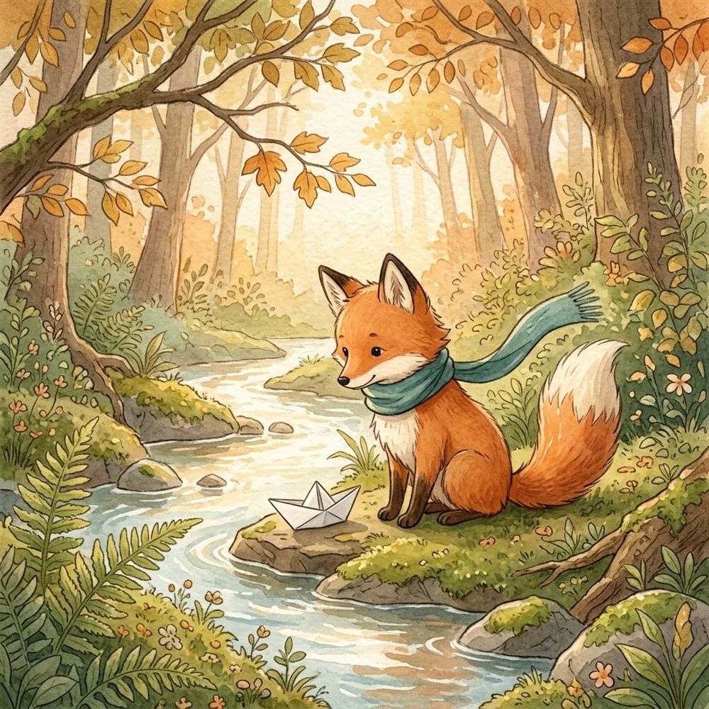 Nano Banana 2 watercolor: orange fox in a teal scarf beside a stream and paper boat