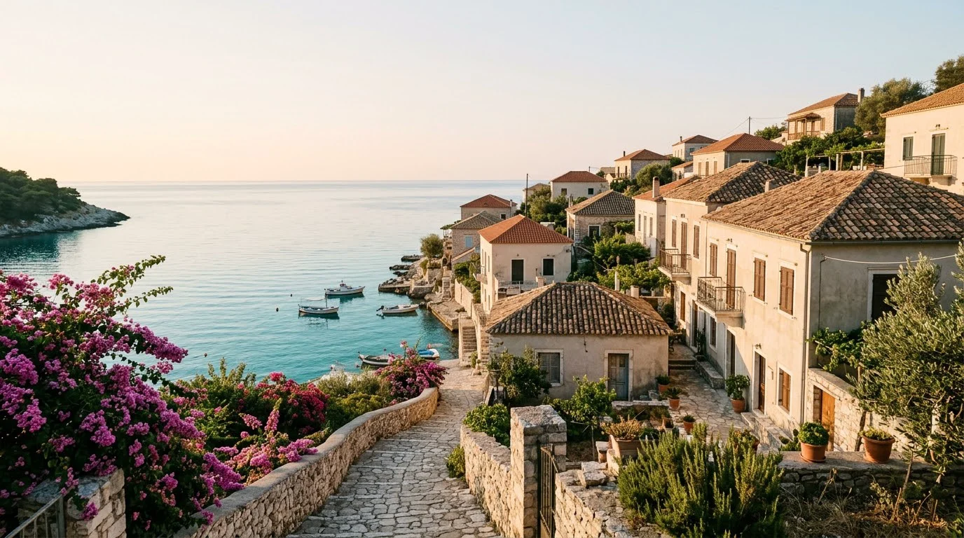 Nano Banana 2 travel image: terracotta seaside village and turquoise cove at sunrise
