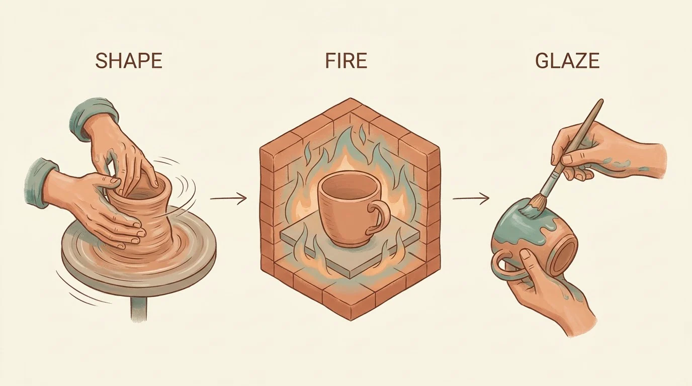 Nano Banana Pro three-panel illustration labeled SHAPE, FIRE and GLAZE with pottery tools
