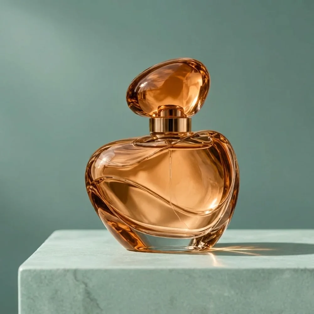 Nano Banana Pro · Amber perfume bottle on a pale seafoam stone plinth against teal