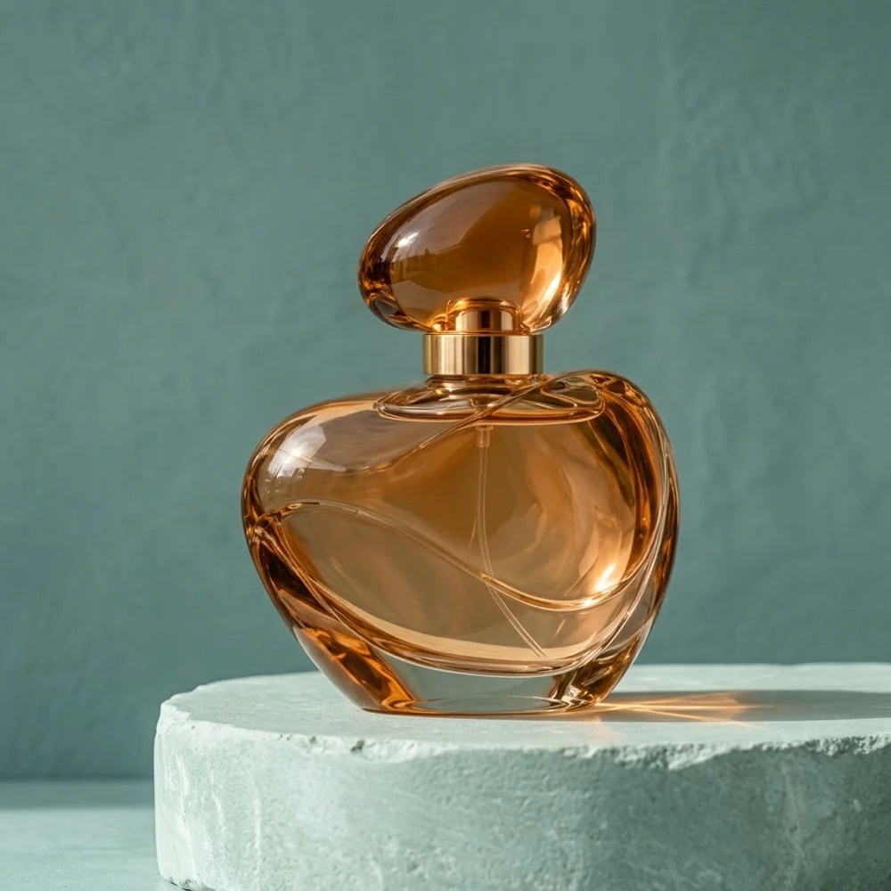 Nano Banana 2.1 · Amber perfume bottle on a pale seafoam stone plinth against teal