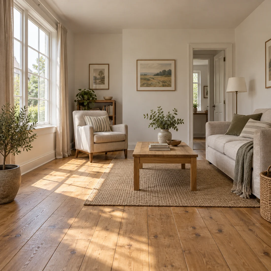 Fiktives Wohnzimmer mit Fensterrahmen, Wandkanten und Dielen zum Inspizieren