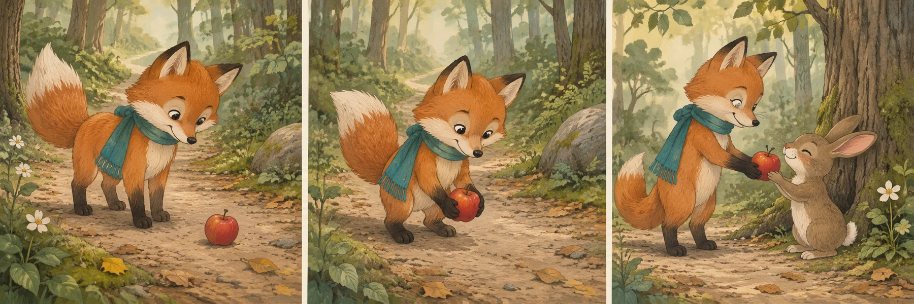 Drei illustrierte Momente: Ein Fuchs findet einen Apfel, hebt ihn auf und teilt ihn