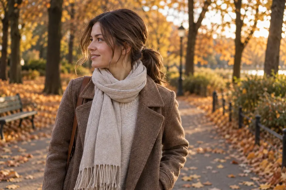 Autumn park visitor wearing a textured low ponytail clear of a layered coat and scarf