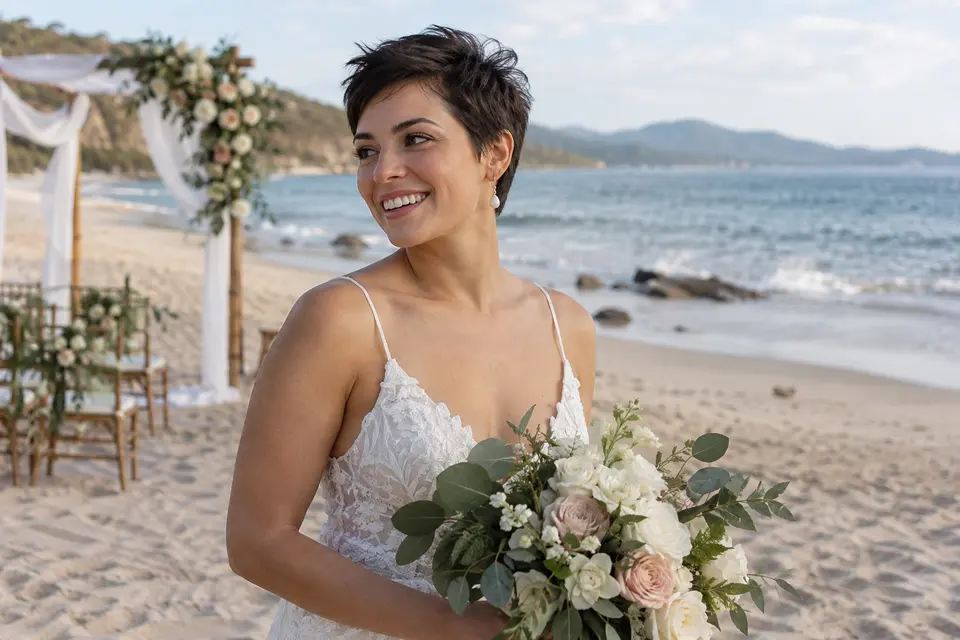 A practical hairstyle shown in the real setting of a beach wedding