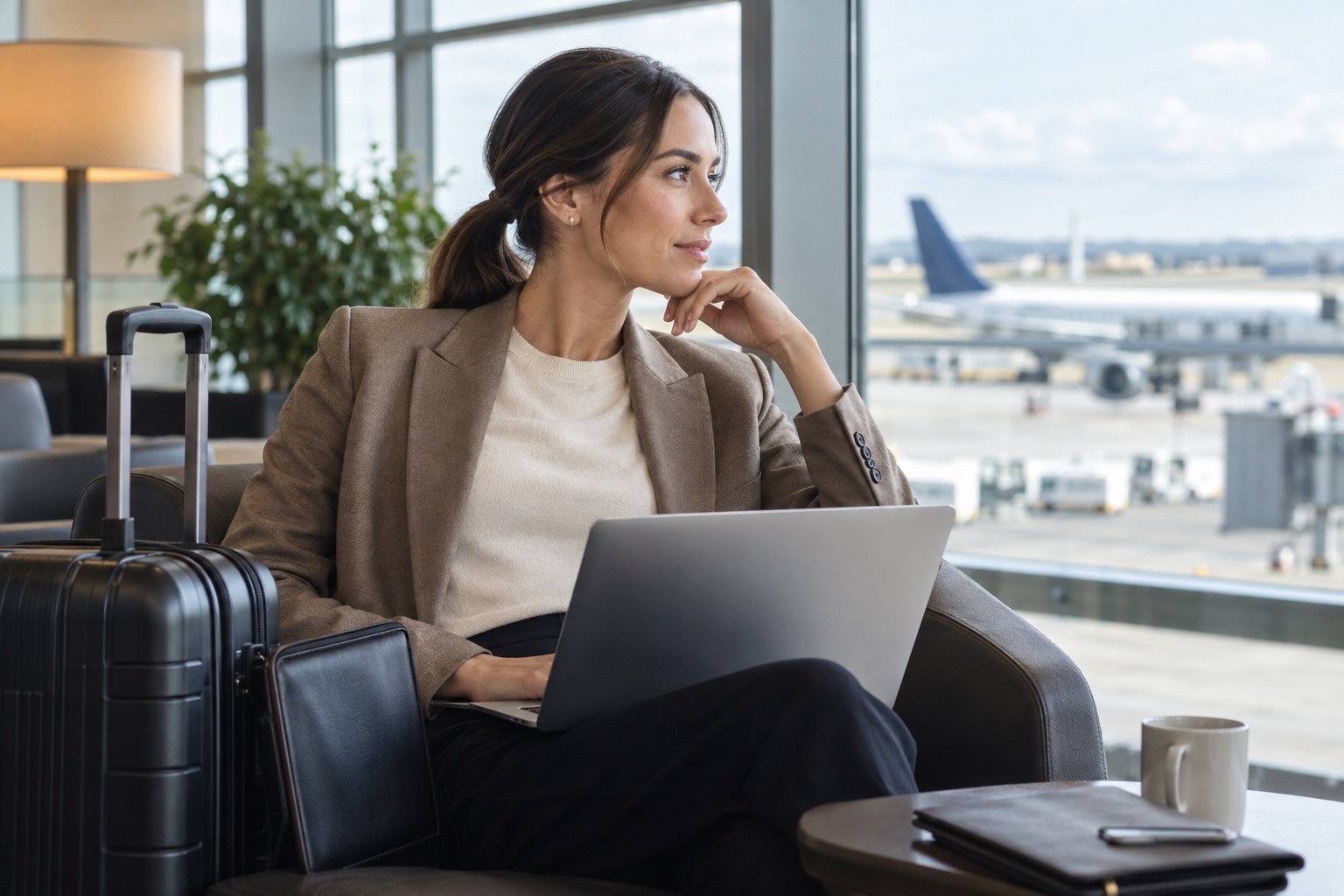 Business traveler with a seat-friendly low ponytail, carry-on and laptop in an airport lounge
