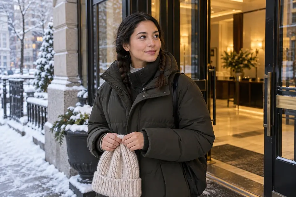 Winter commuter wearing two low braids clear of a high coat collar while moving between snow and a heated lobby