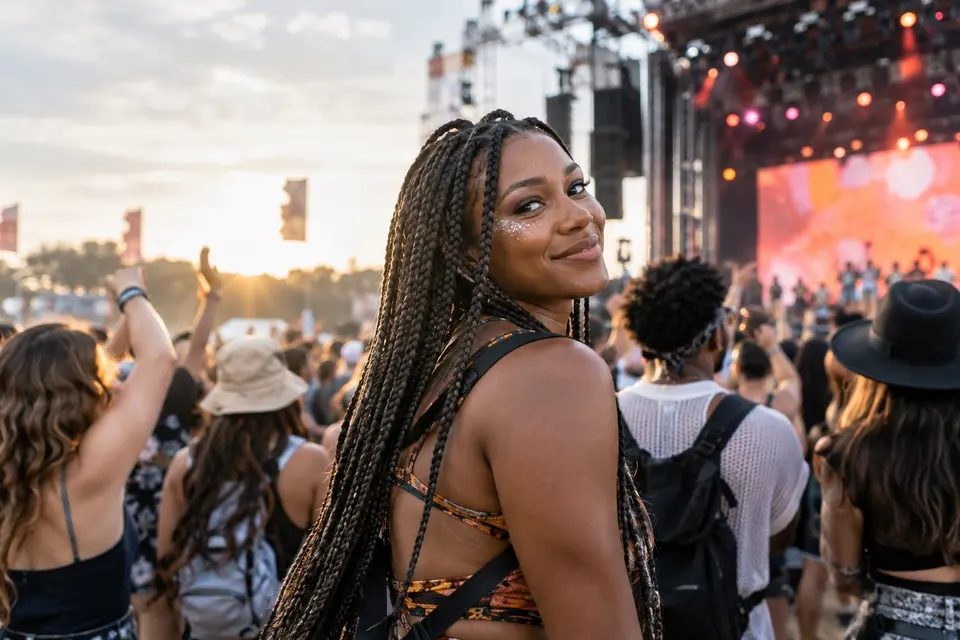 Un peinado práctico mostrado en el escenario real de un concierto o festival