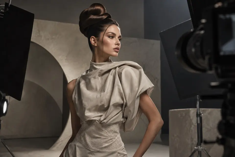 Modelo de moda con un updo escultórico en un estudio editorial con banderas de iluminación y equipo de cámara