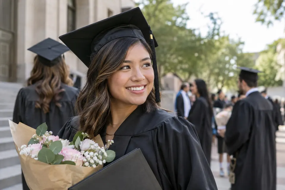 Un peinado práctico mostrado en el escenario real de la graduación día
