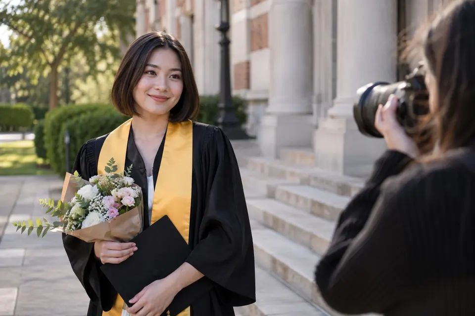 Un peinado práctico mostrado en el escenario real de retratos de graduación