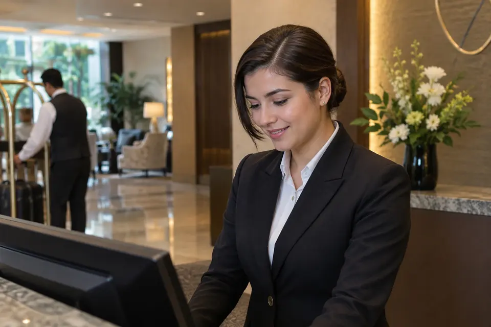 Un peinado práctico que se muestra en el entorno real del trabajo hotelero y hospitalario