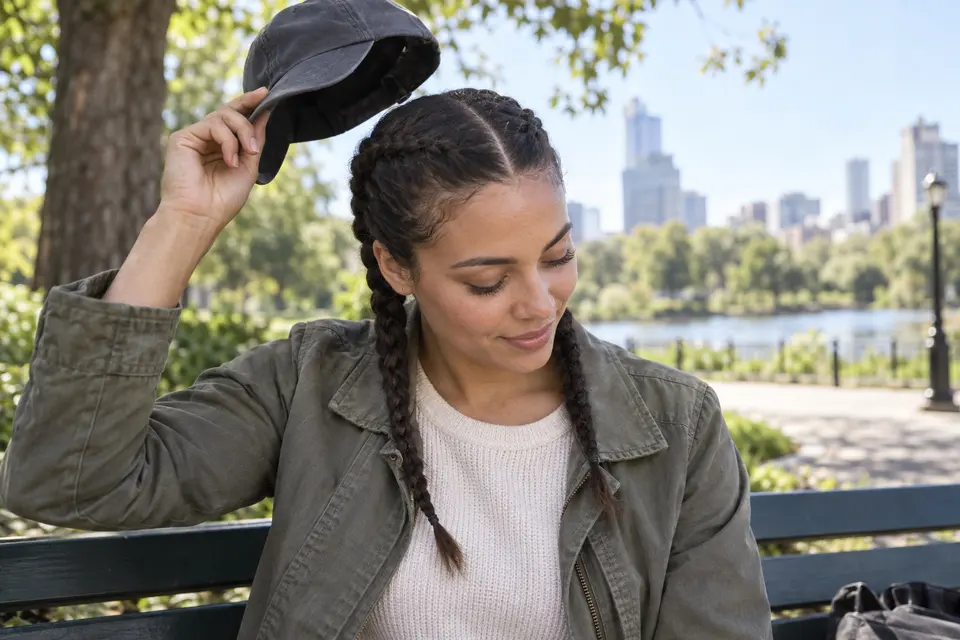 Park visitor lifting a baseball cap to show two flat low braids without crown bulk