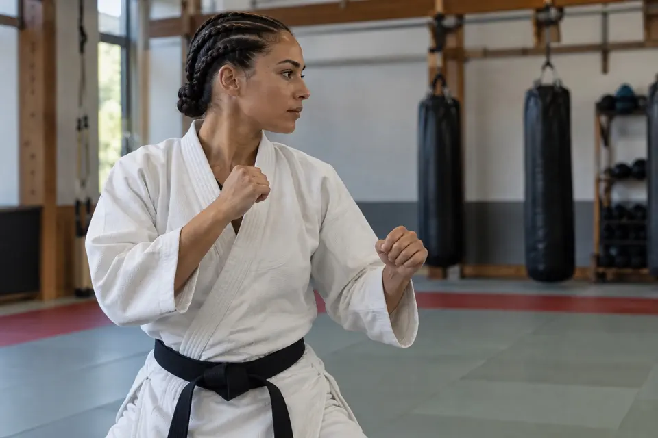 Practicante de artes marciales en un dojo con trenzas planas aseguradas cerca de la nuca