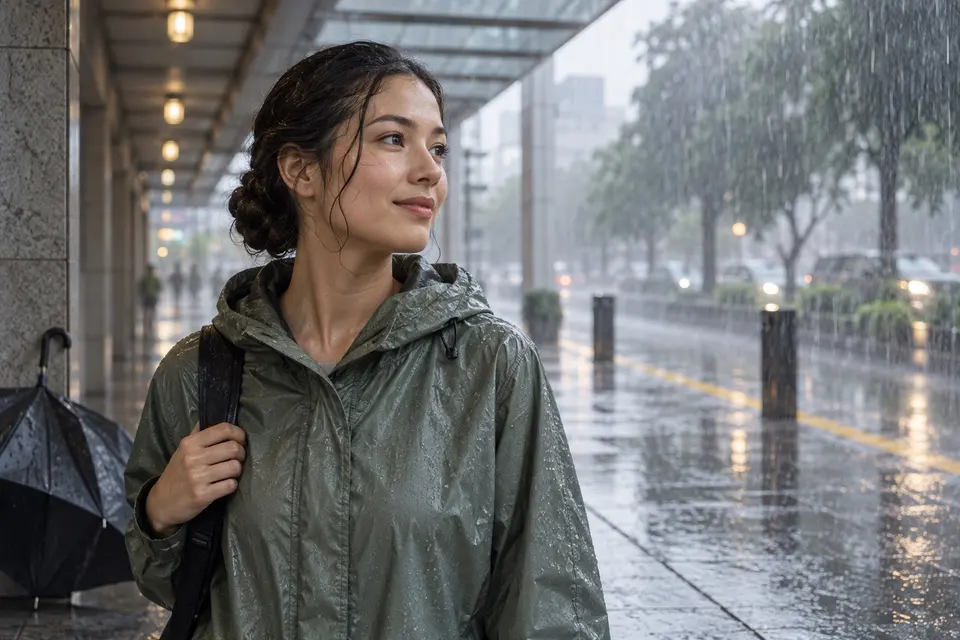 雨季通勤者在暴雨中的有顶步道以低位编发髻保持头发受控