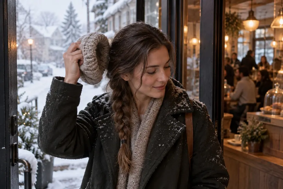 Snow-day visitor removing a knit beanie to reveal a recoverable low braid outside a warm cafe