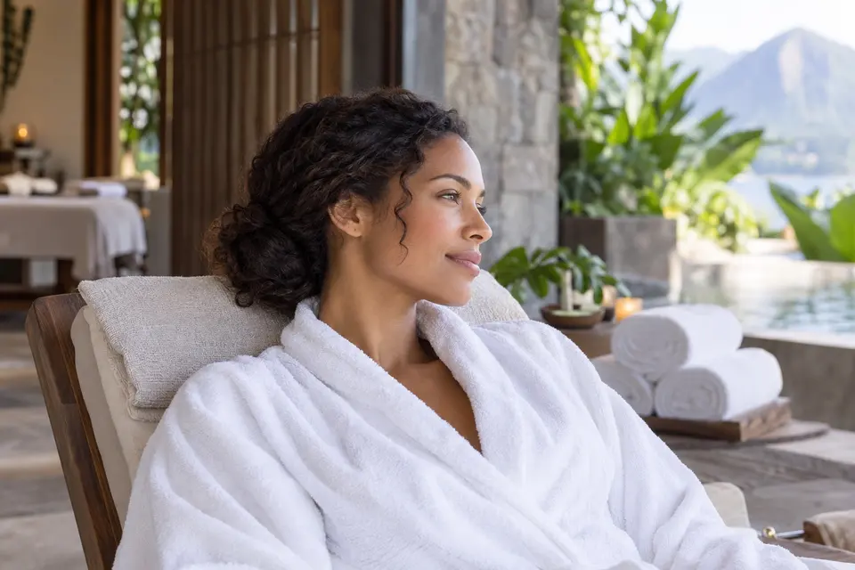 Spa-resort invitado con un cómodo giro bajo de texto natural junto a una zona de tratamiento