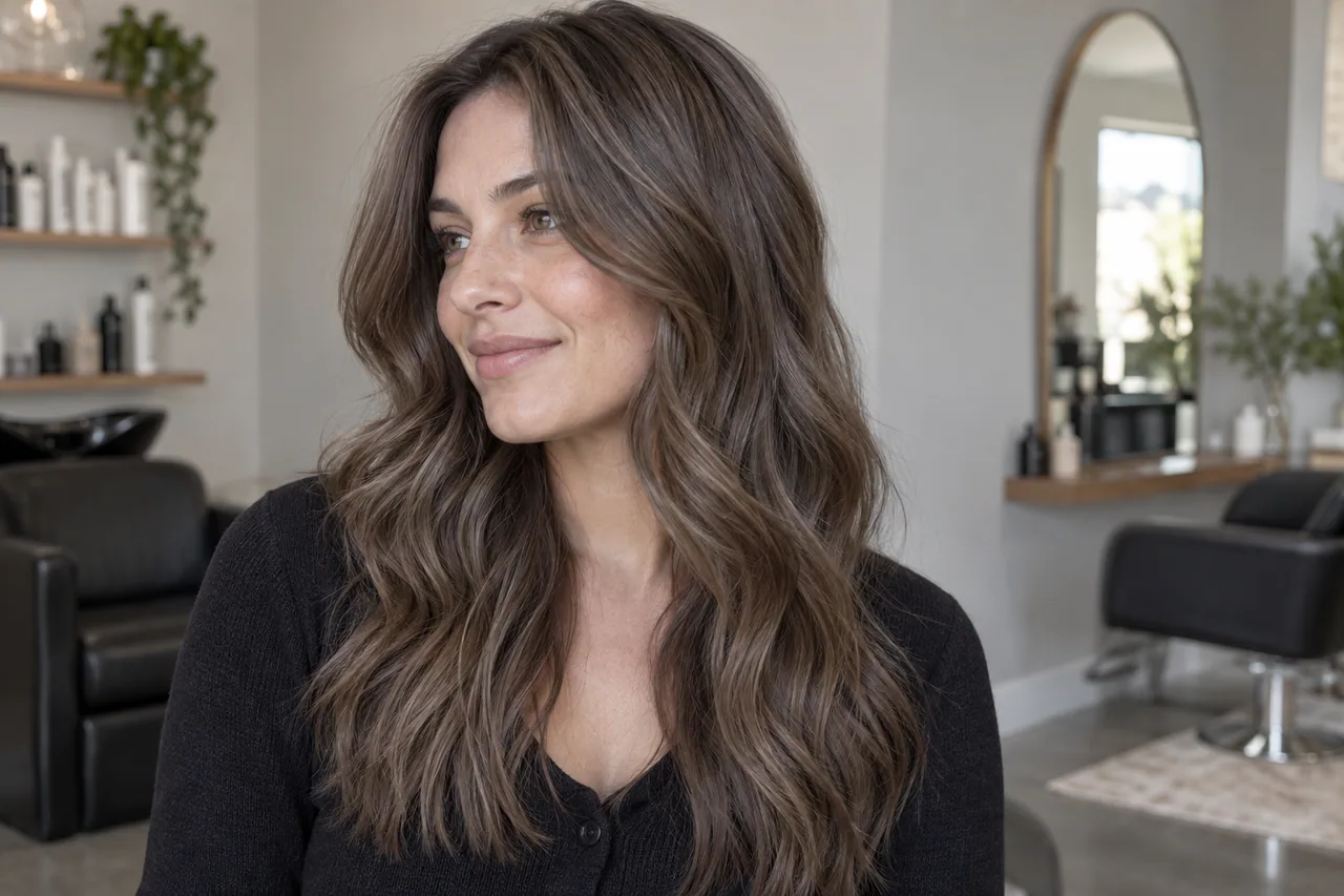 Medium cool ashy-brown hair with taupe dimension and no copper warmth