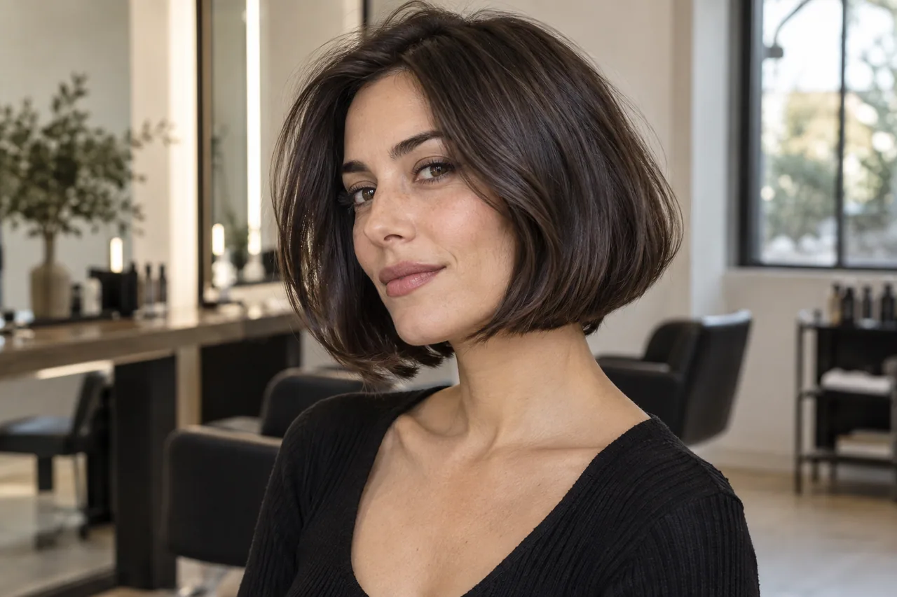 Rounded Italian bob with full jaw-length ends and relaxed off-center volume