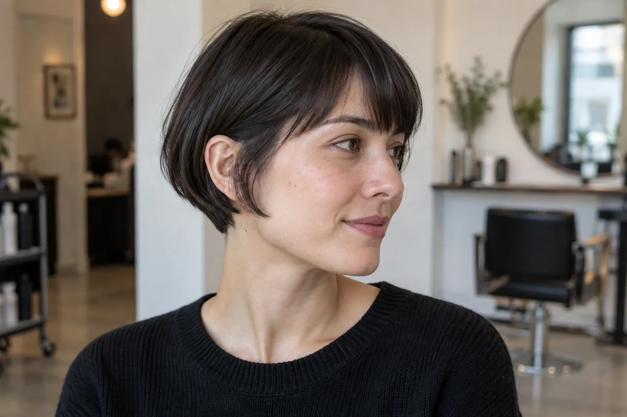 Very short ear-level micro bob with a compact nape and exposed ear