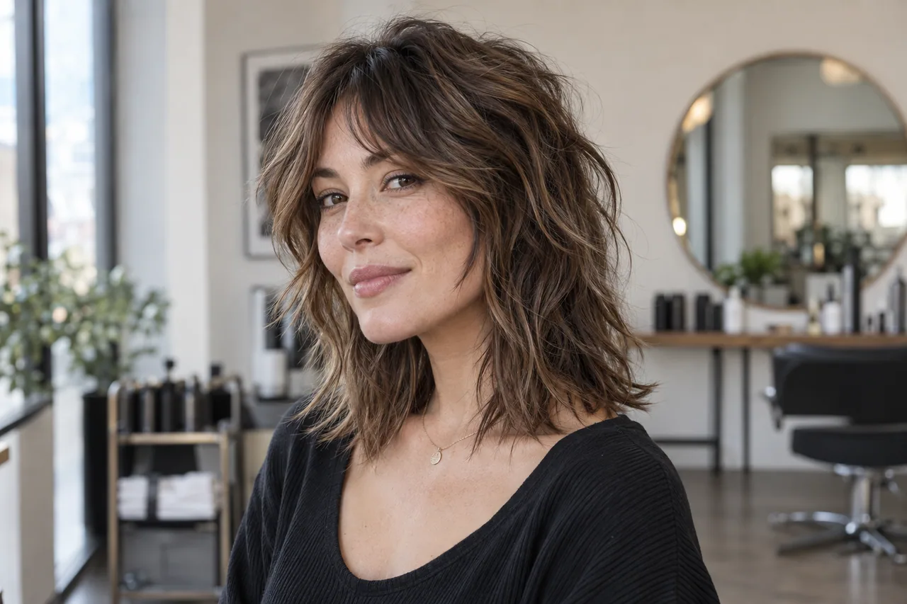 Adult woman with a collarbone-length modern shag, airy fringe and textured face-framing layers