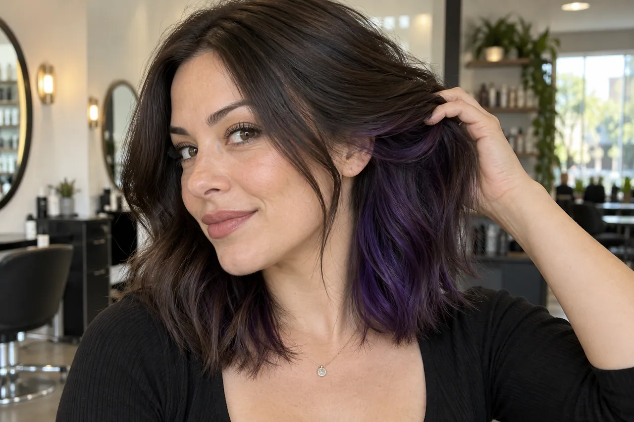 Dark hair lifted to reveal a clearly placed deep-violet peekaboo underlayer