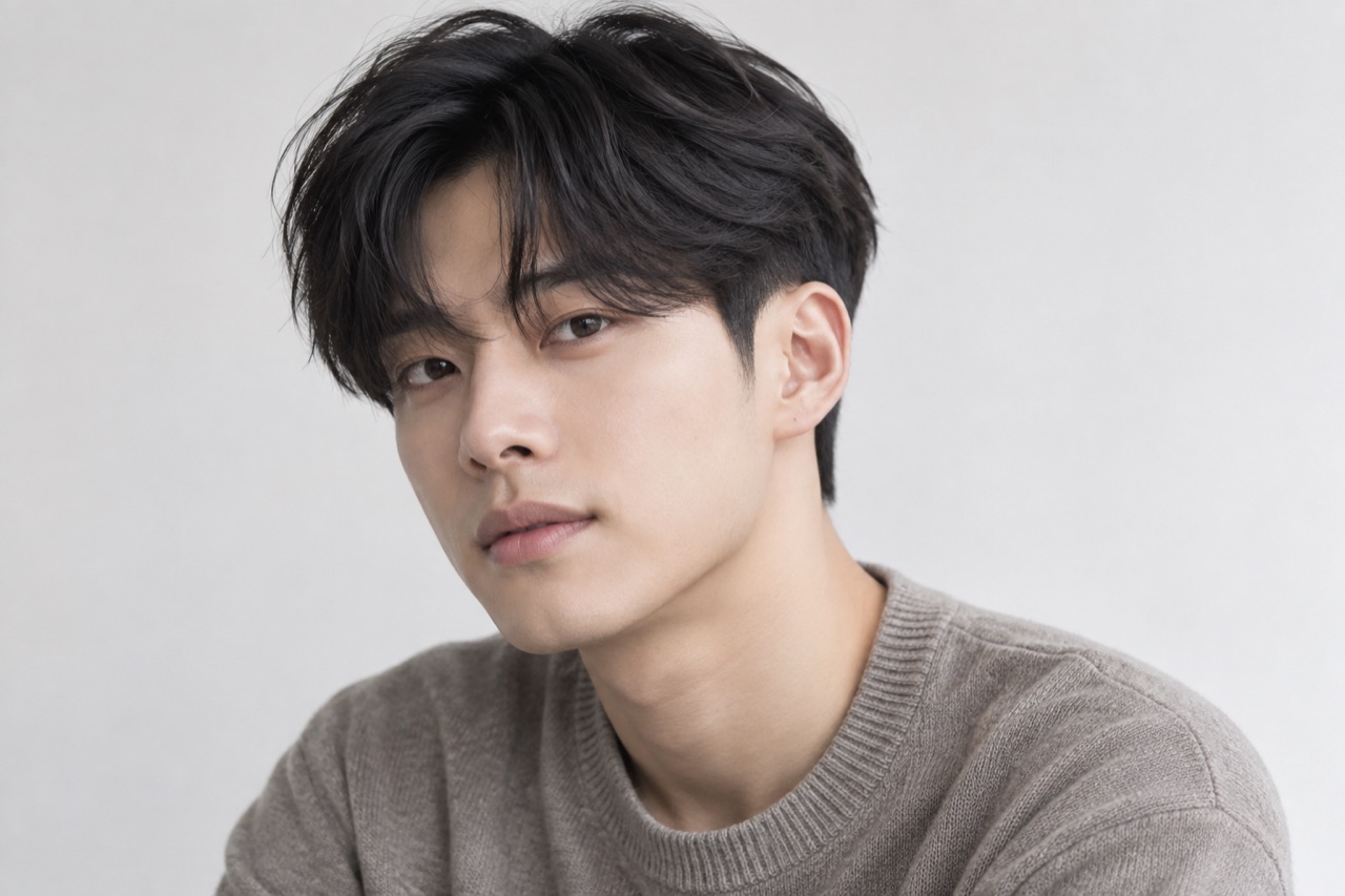긴 레이어 윗머리와 짧은 옆머리를 가진 투블럭 남성