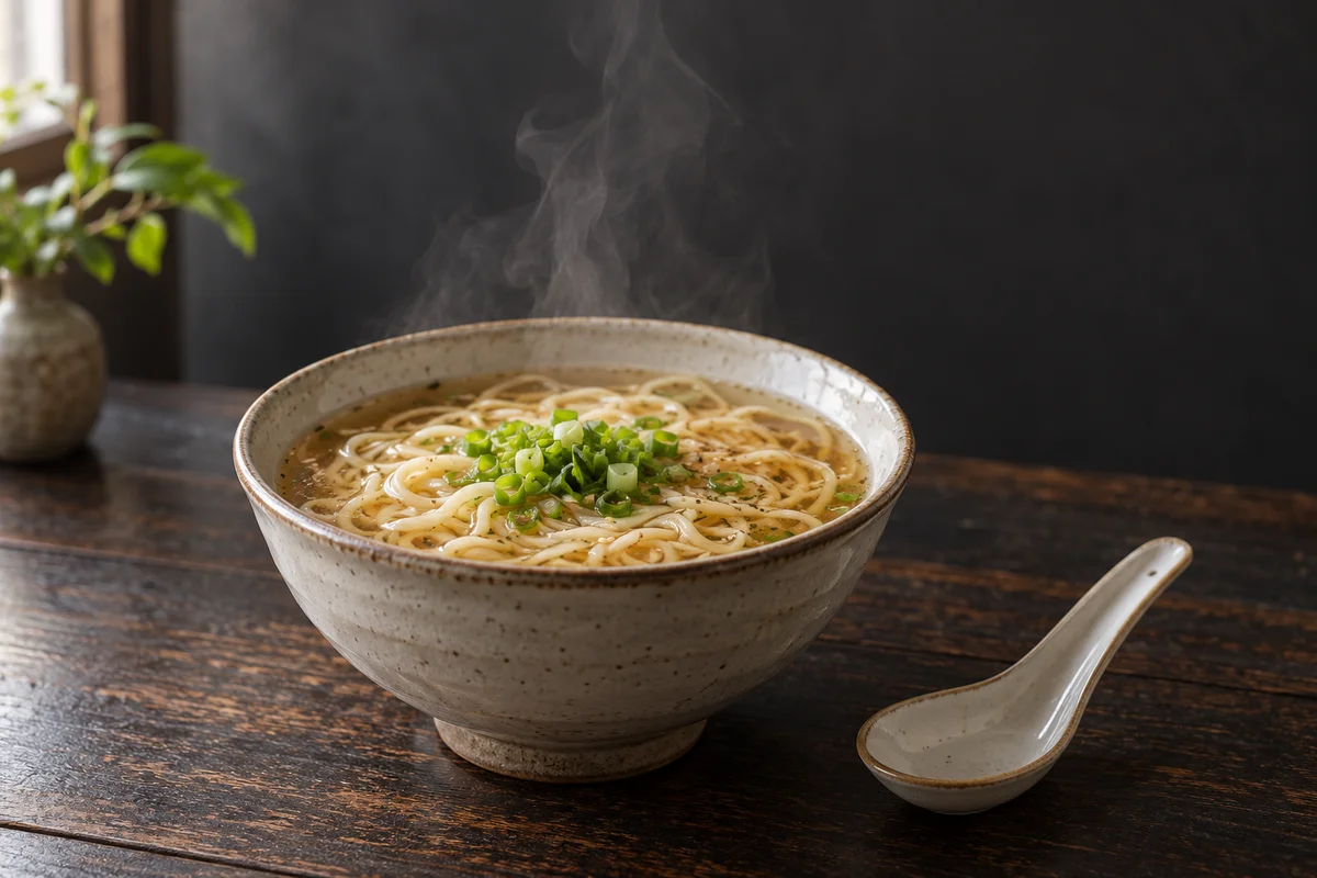 KI-erstelltes Standbild einer Nudelsuppe mit deutlichem Schüsselrand und dünnem Dampf